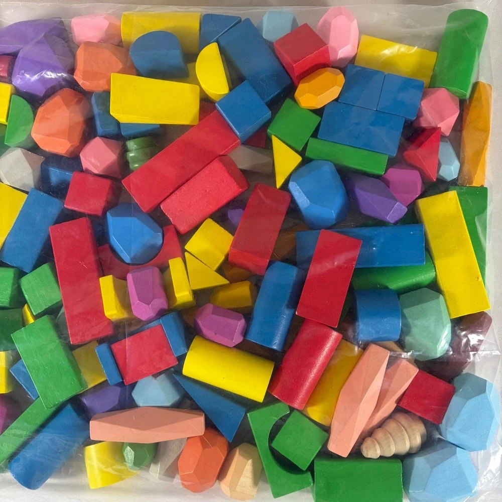 158pc Wooden Building Blocks Bulk Set Rainbow Geometric Shapes Montessori Toy